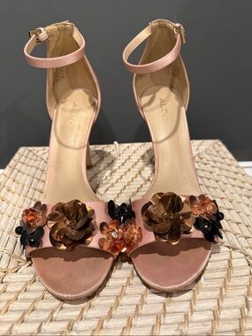 Aldo Blush Pink Floral Embellished Ankle-Strap Heels